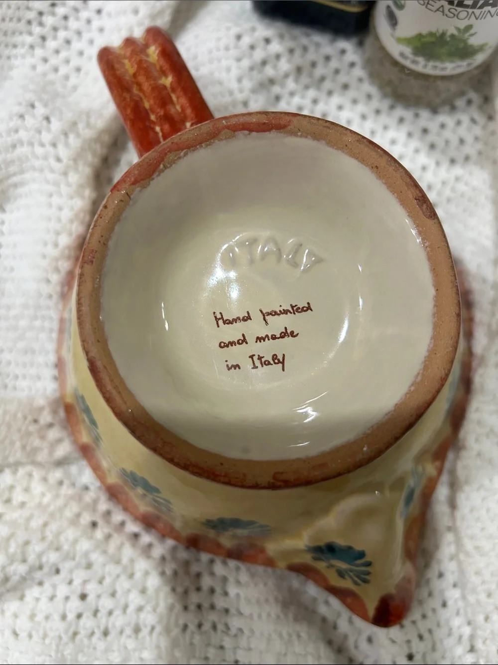 Italian Ceramic Dish with Pour Spout Handpainted in Italy Tomato and Olive